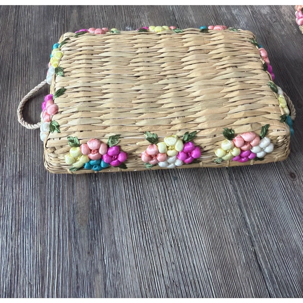 Vintage Casserole Dish Carrier Baskets Raffia With Flowers Set Of 3 Nesting